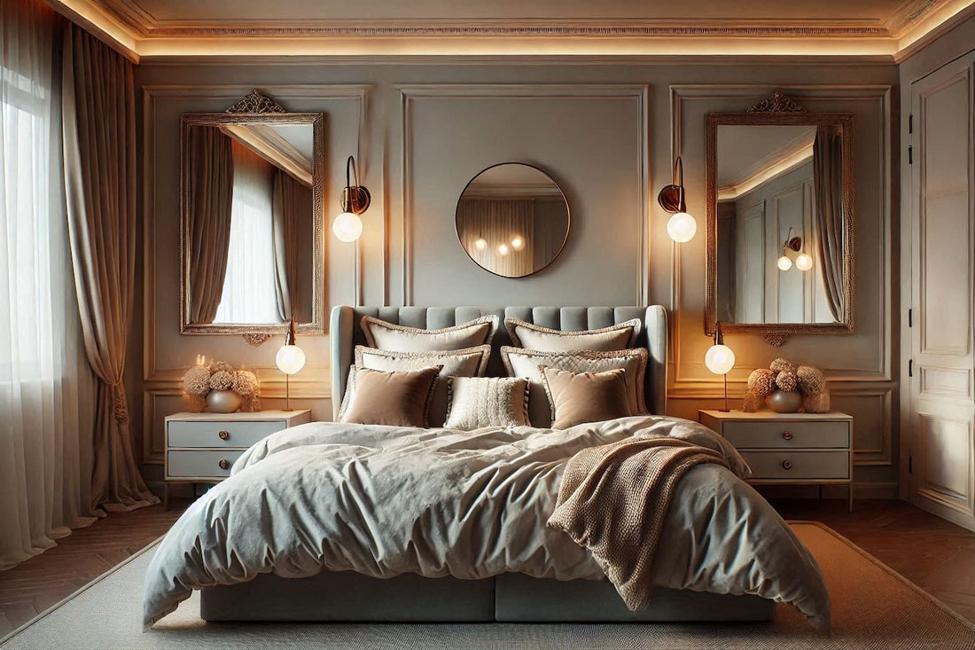 Elegant bedroom with a large bed, decorative mirrors, and warm lighting.