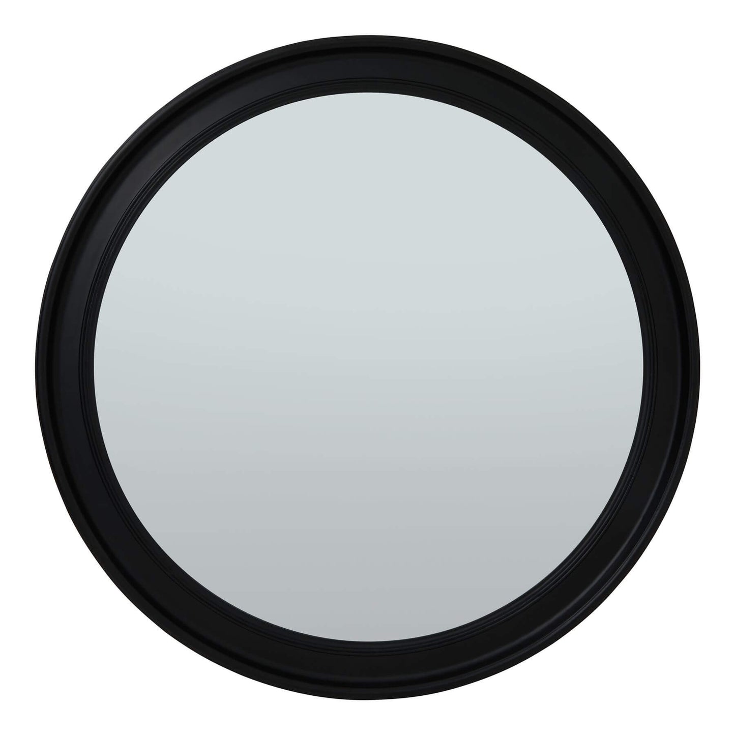 Black circular wall mirror with a thick frame.