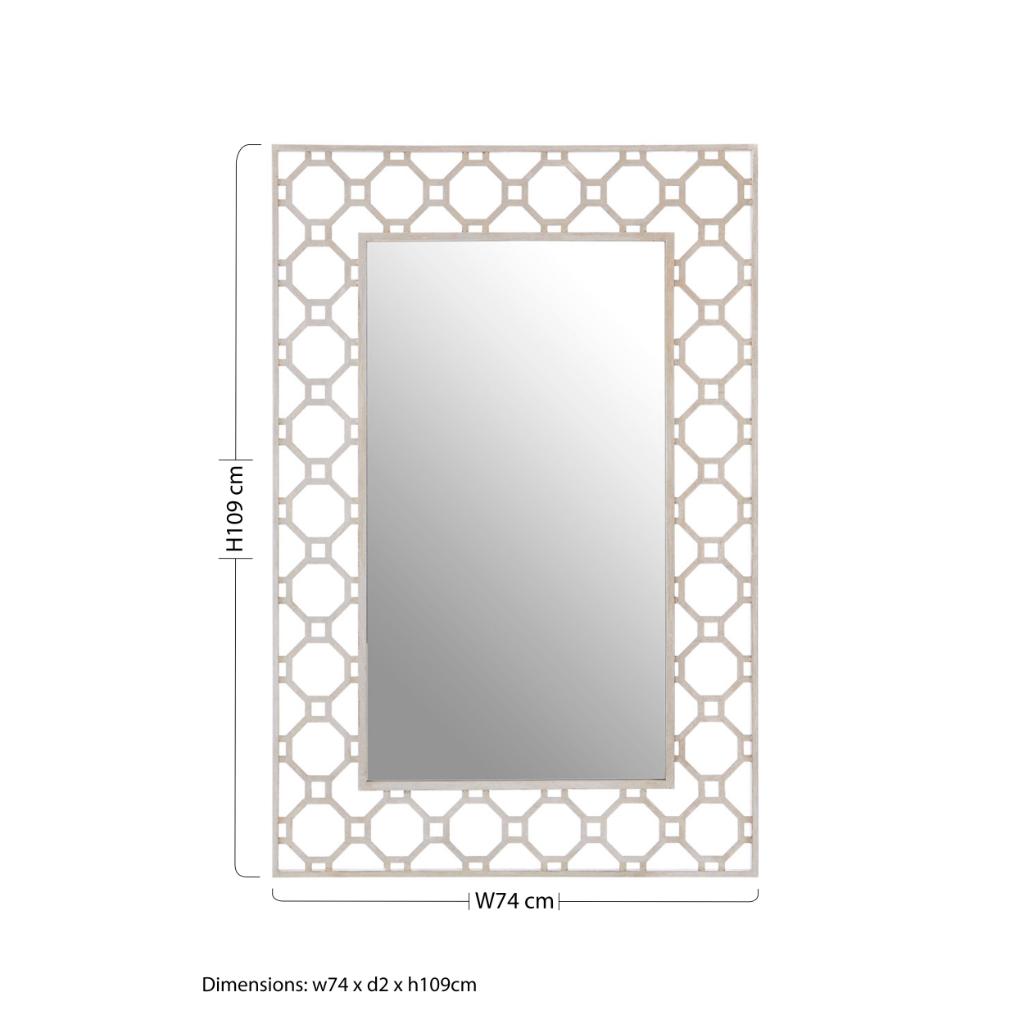 Dimensions of the Antique Silver Arabesque Wall Mirror: Height 109cm, Width 74cm, Depth 2cm