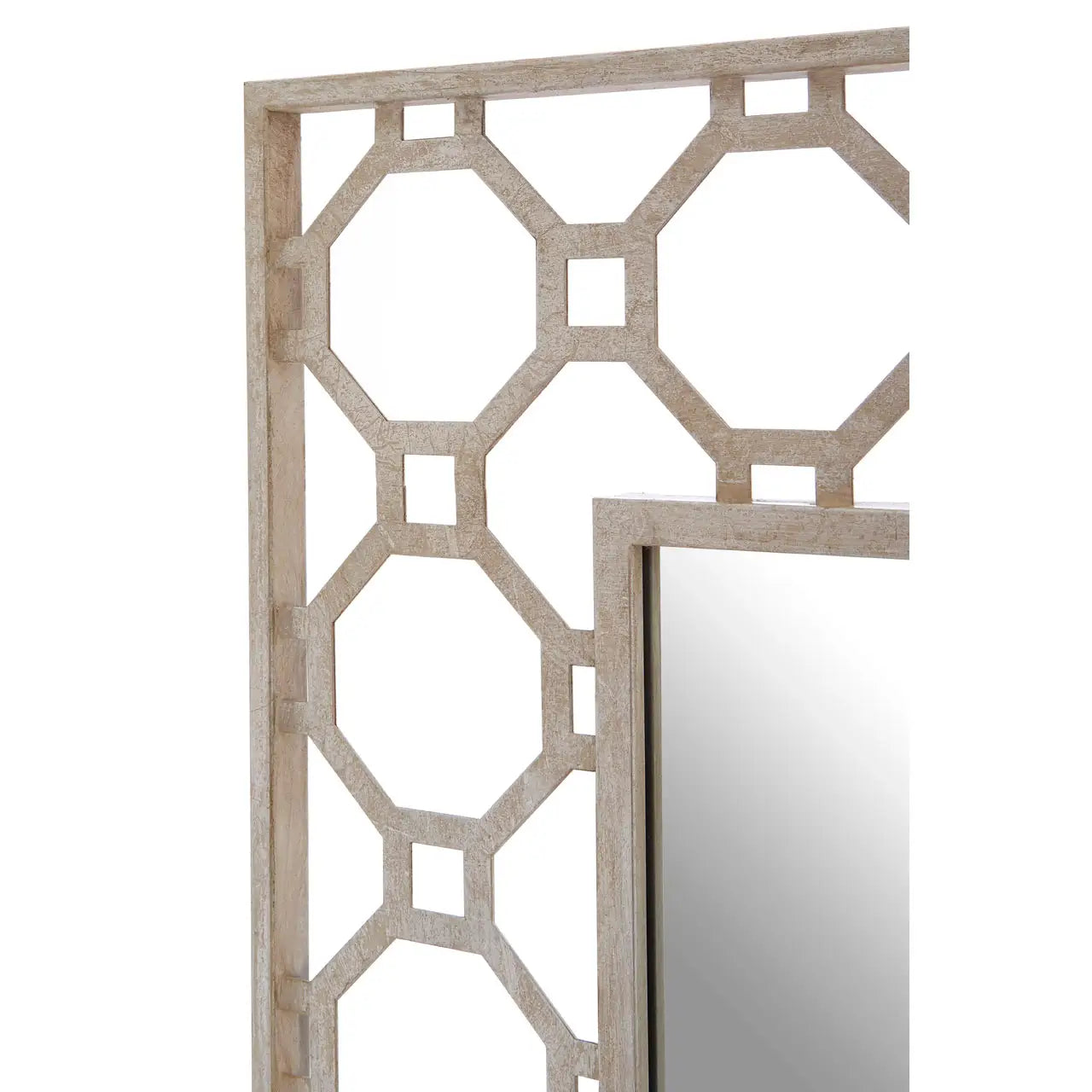 Silver metal framed mirror with geometric octagon and square cutouts.