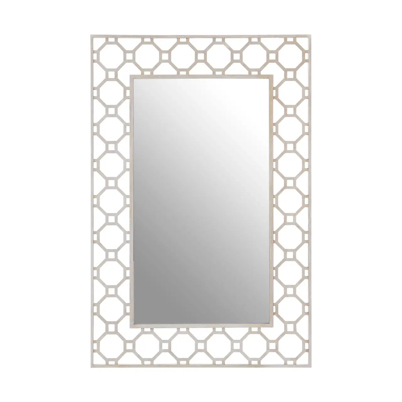 Rectangular wall mirror with a silver, geometric, octagonal frame. Frontal view.