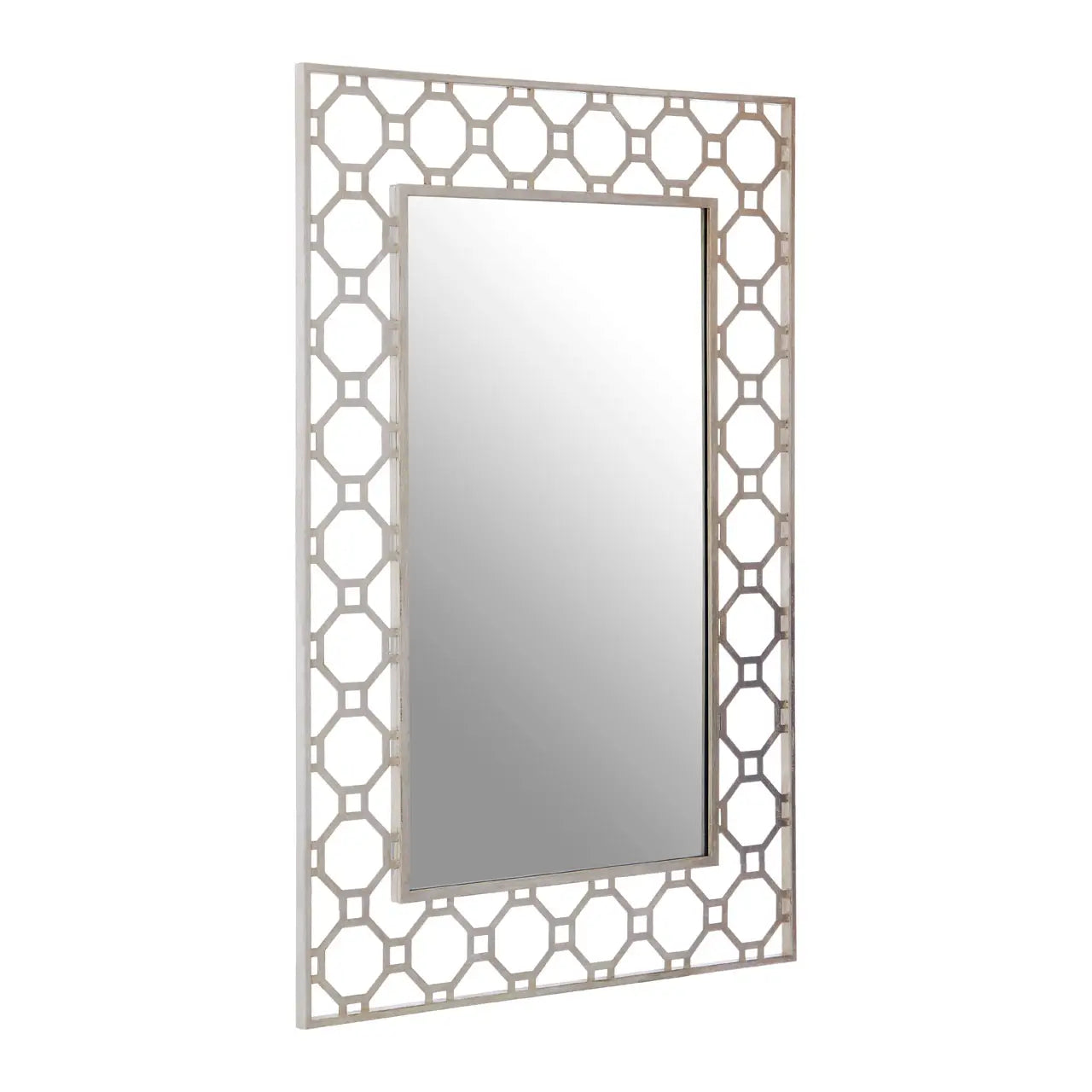 Rectangular decorative silver mirror with a geometric, octagonal, metal frame.