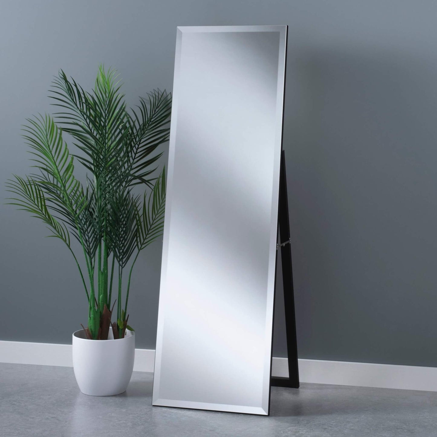 Arden Tall Slim Cheval Standing Mirror Bevelled Edge on black wooden frame