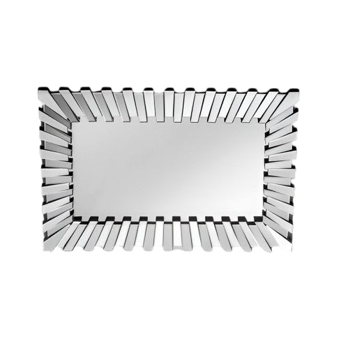 Stylish horizontal wall mirror with a beveled, sunburst-like frame, on a white background.