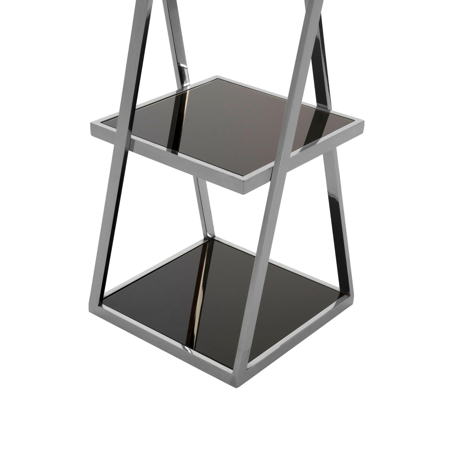 Black Mirrored Tiered Shelf Unit in Chrome Bottom Shelves