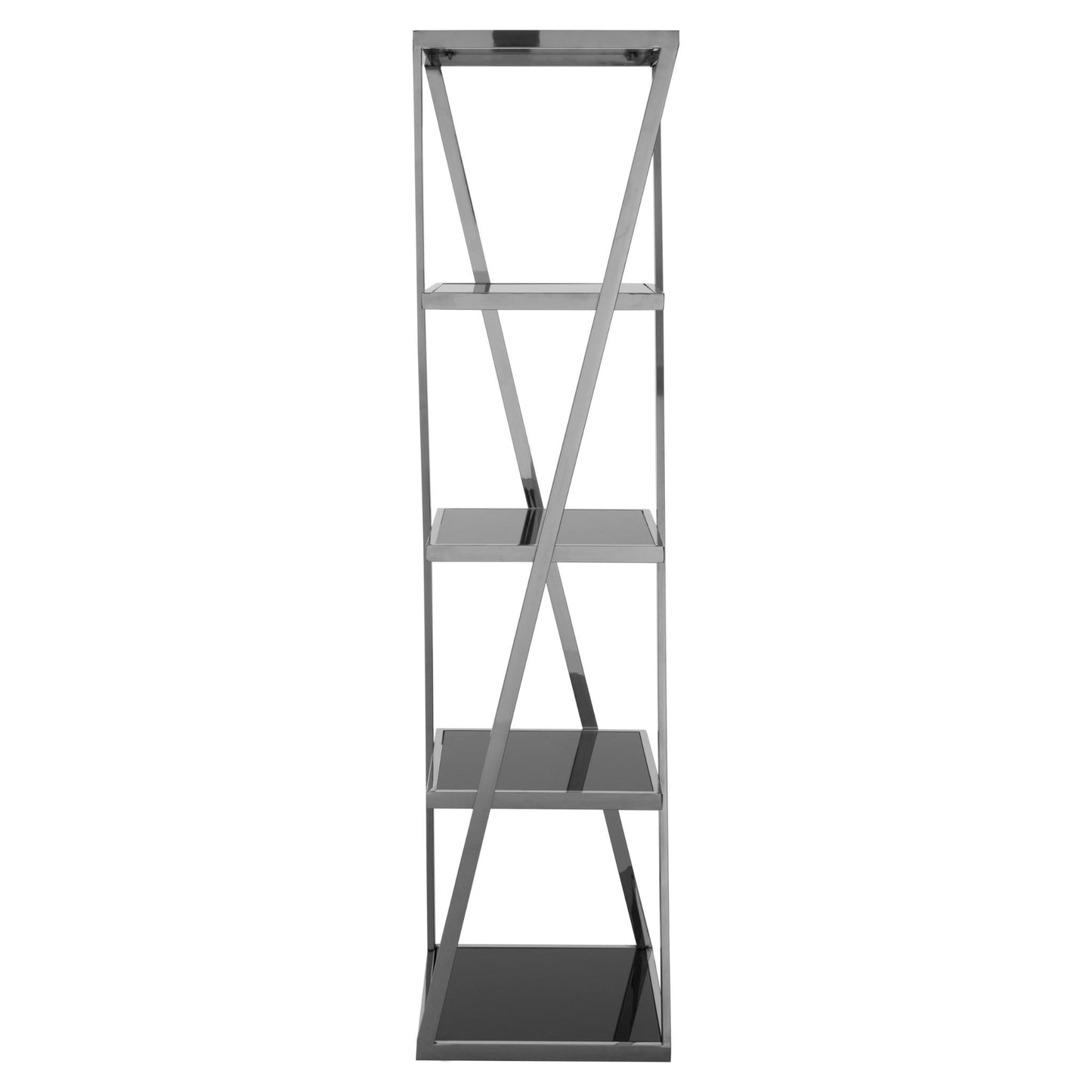 Black Mirrored Tiered Shelf Unit in Chrome Side View