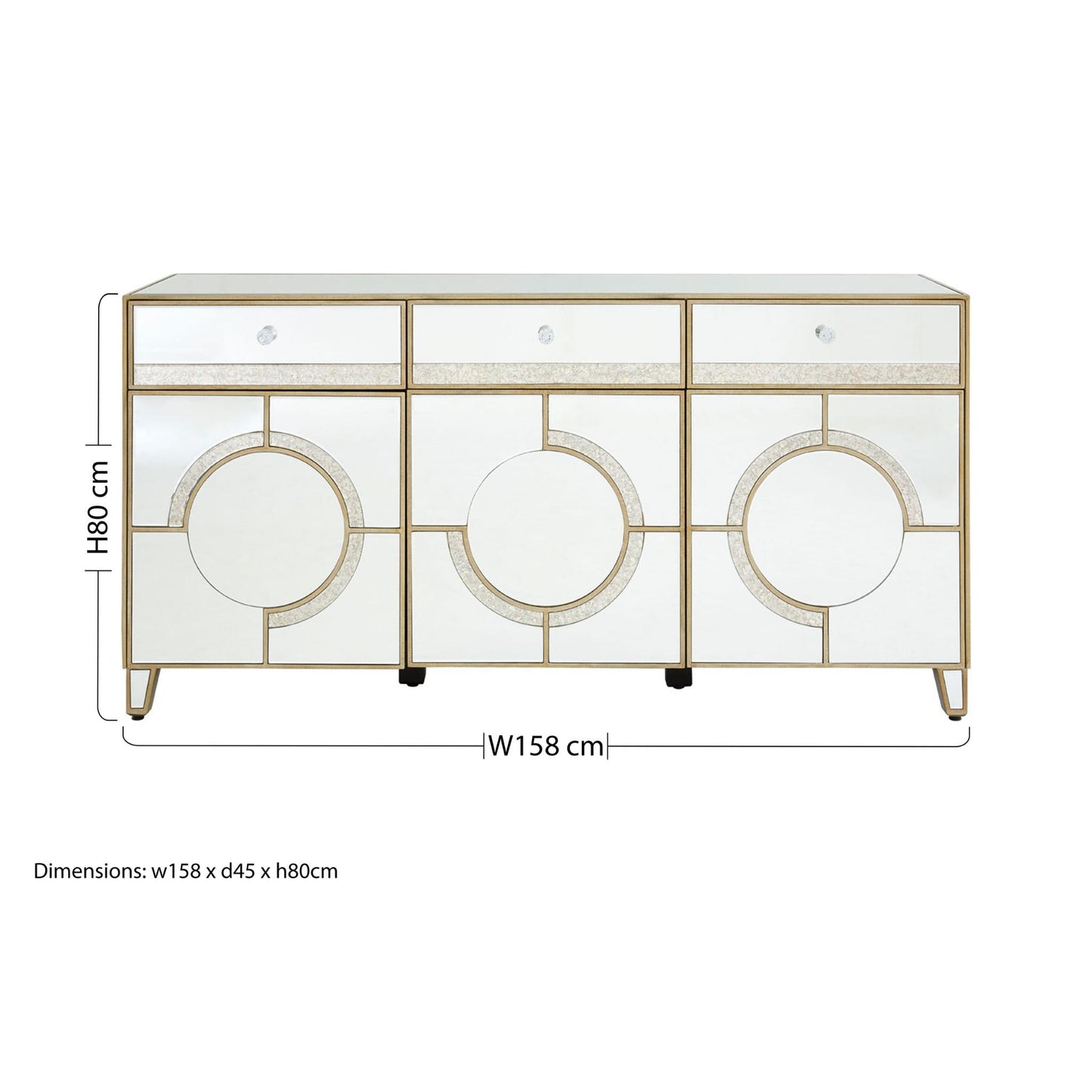 Circles of Elegance Mirrored 3 Drawer 3 Door Cabinet Dimensions