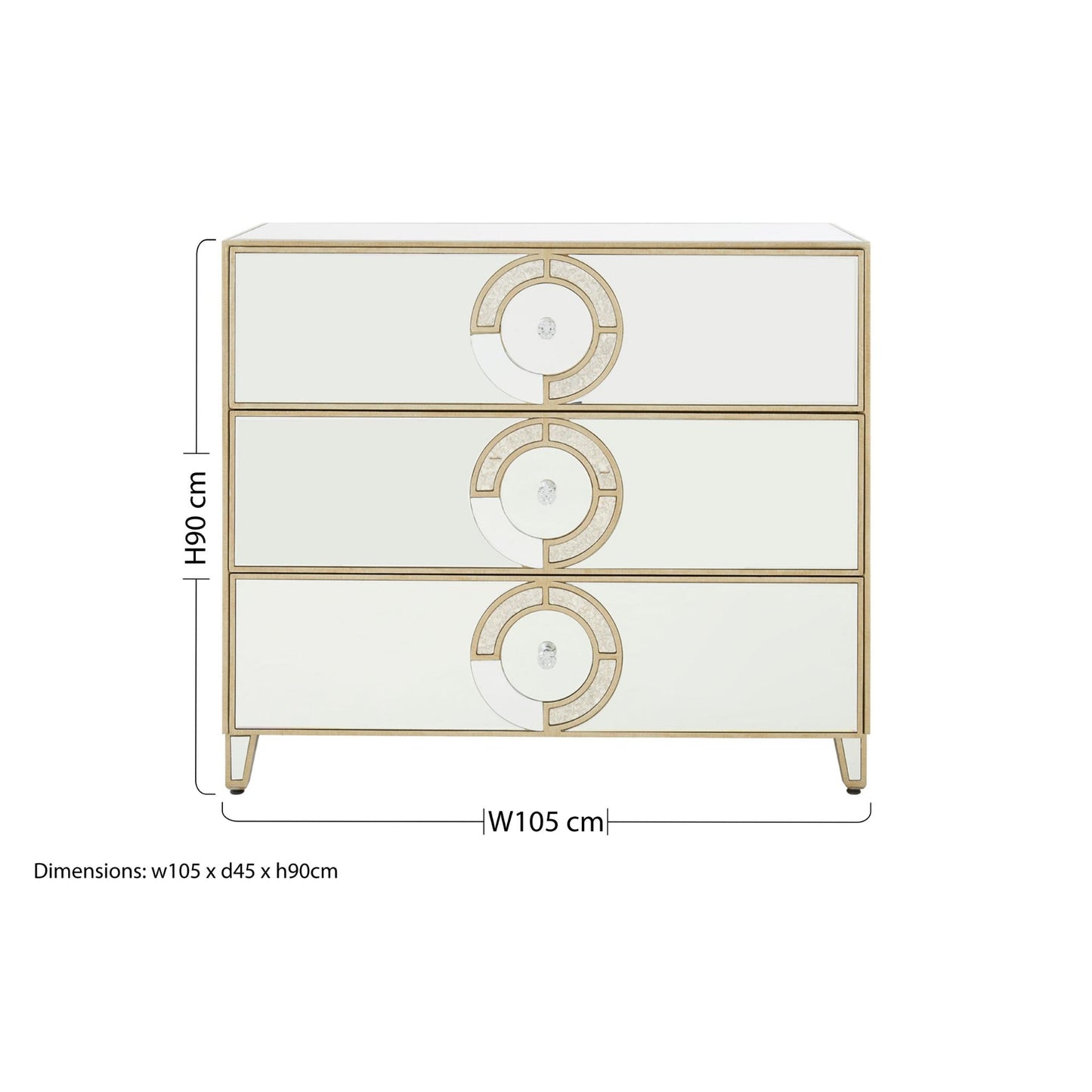 Circles of Elegance Mirrored 3 Drawer Unit Dimensions