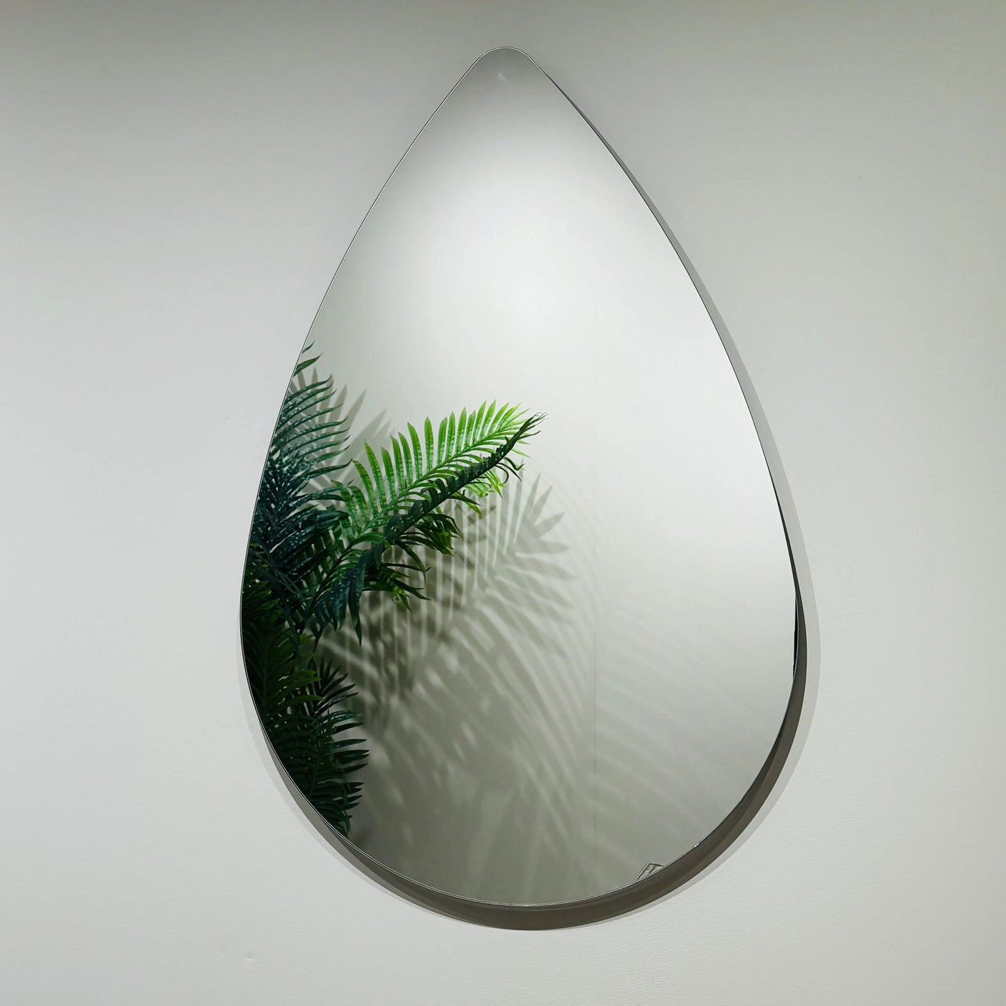 Teardrop-shaped mirror with a fern plant reflected in its surface.