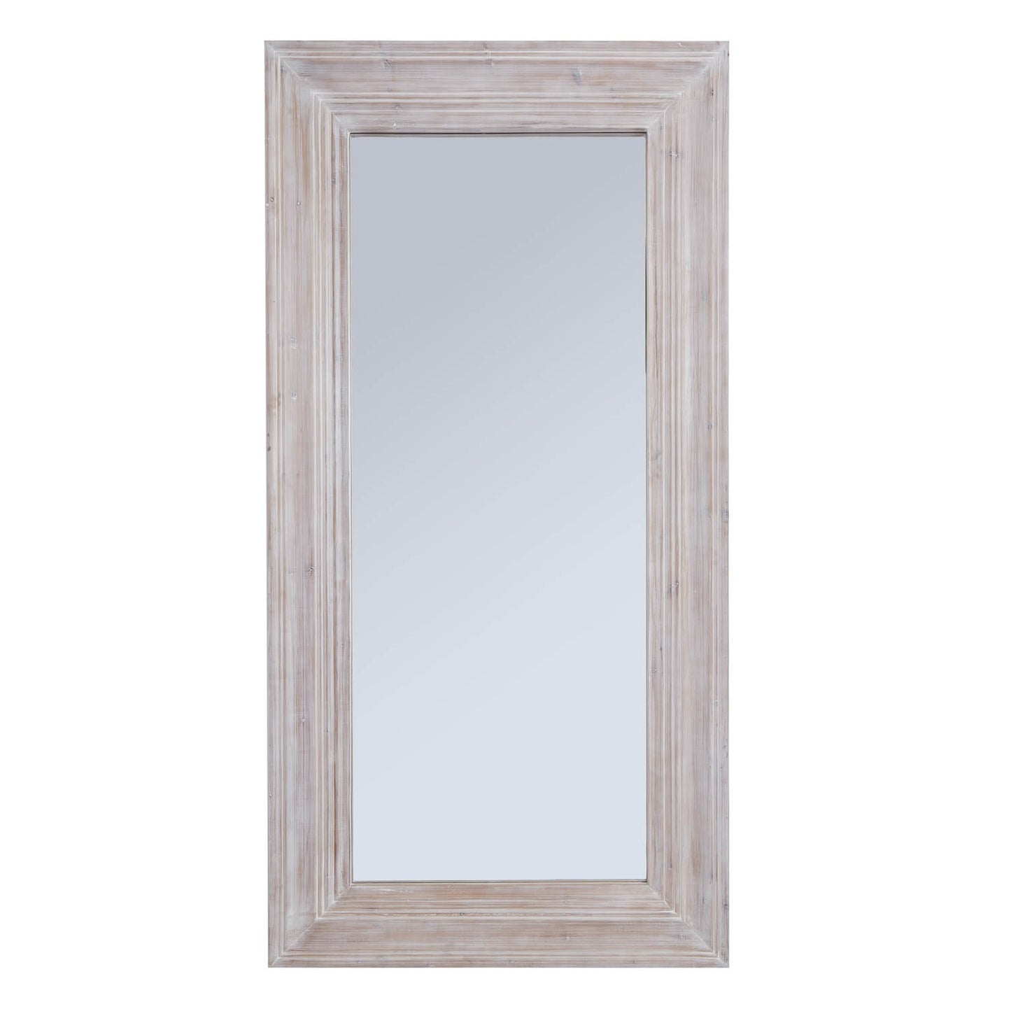 Full-length white washed wooden framed mirror.