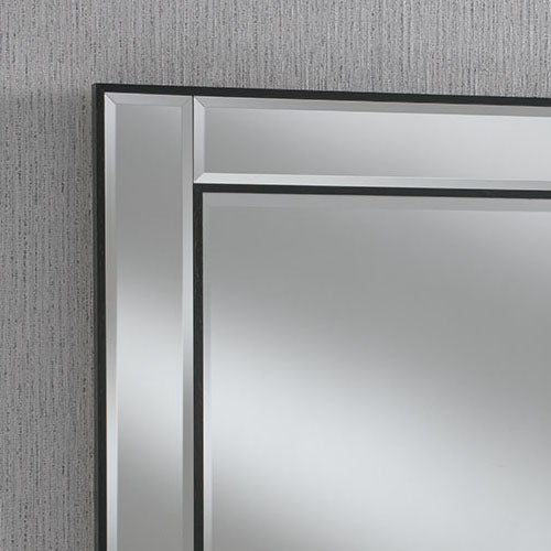 Rectangular framed mirror with beveled edges and a black frame.
