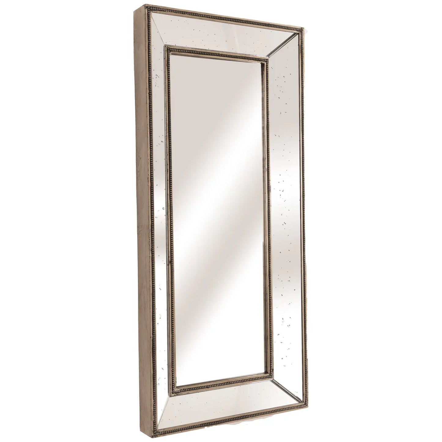 Tall, rectangular wall mirror with a bronze-accented frame featuring a decorative beaded border and a reflective central panel, lateral view.