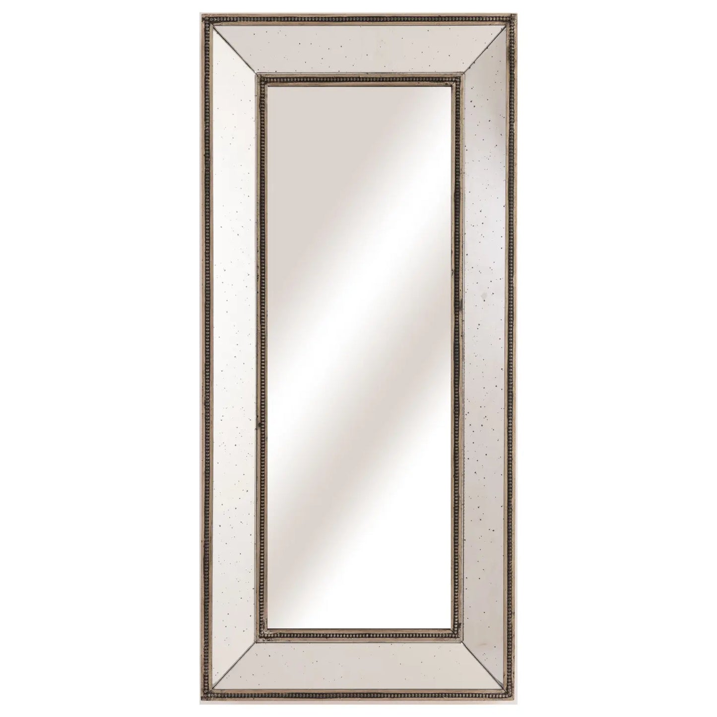 Tall, rectangular wall mirror with a bronze-accented frame featuring a decorative beaded border and a reflective central panel, shown against a white background.