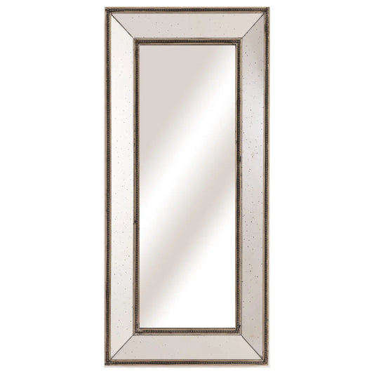Tall, rectangular wall mirror with a bronze-accented frame featuring a decorative beaded border and a reflective central panel, shown against a white background.