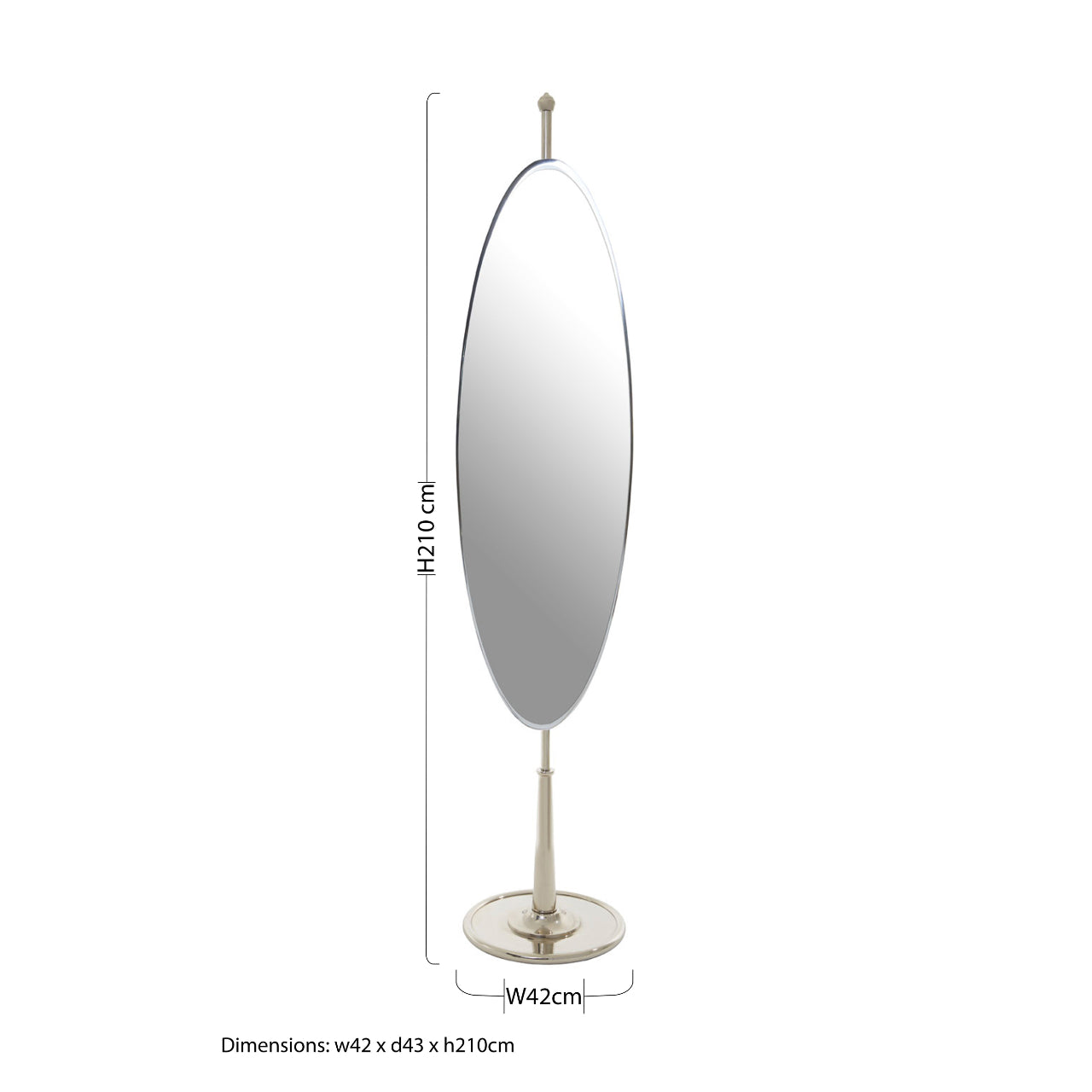 Luxury Full-Length Oval Dressing Mirror with dimensions: 210cm x 42cm x 43cm