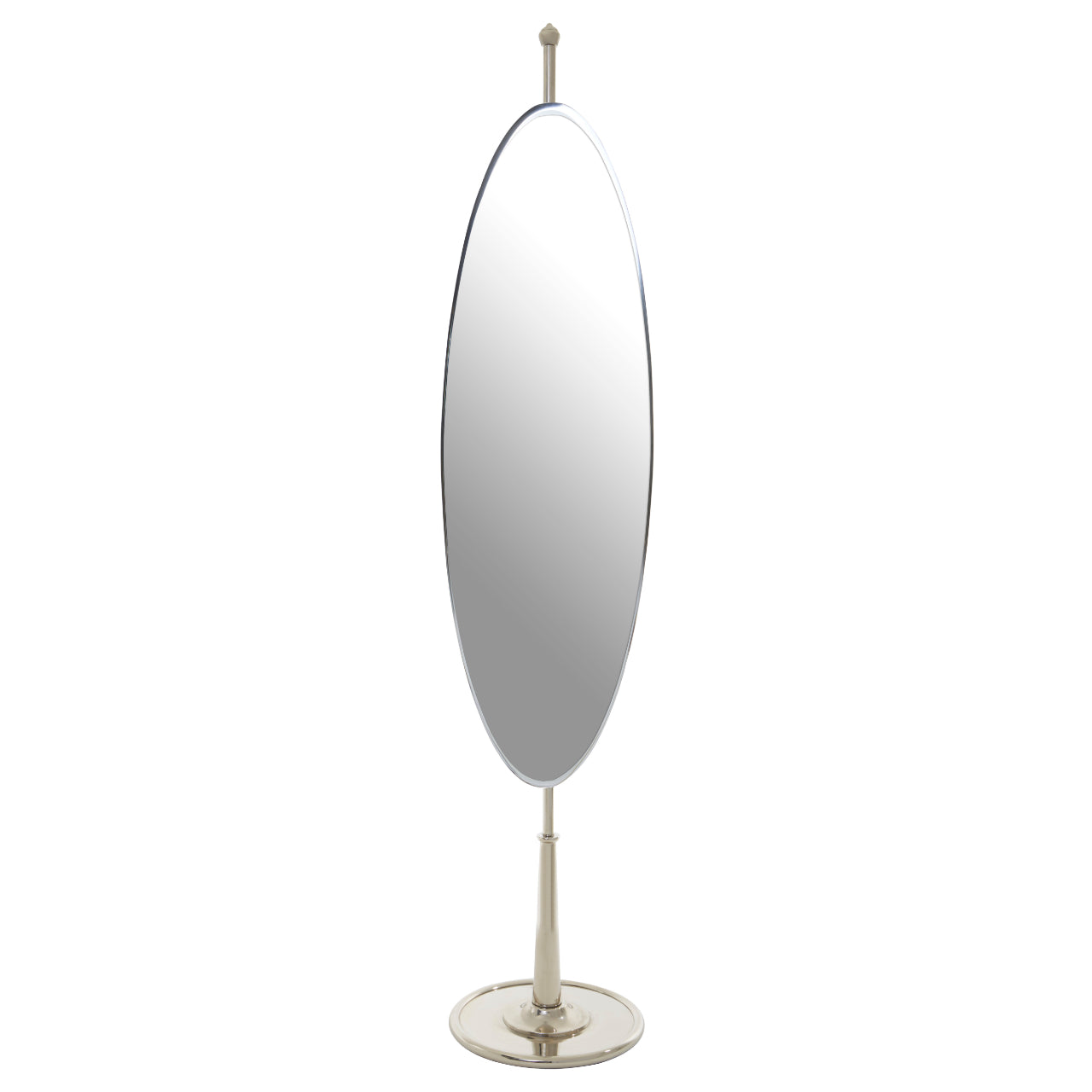 Full-length, oval-shaped standing silver mirror, mounted on a sleek metallic stand with a circular base.