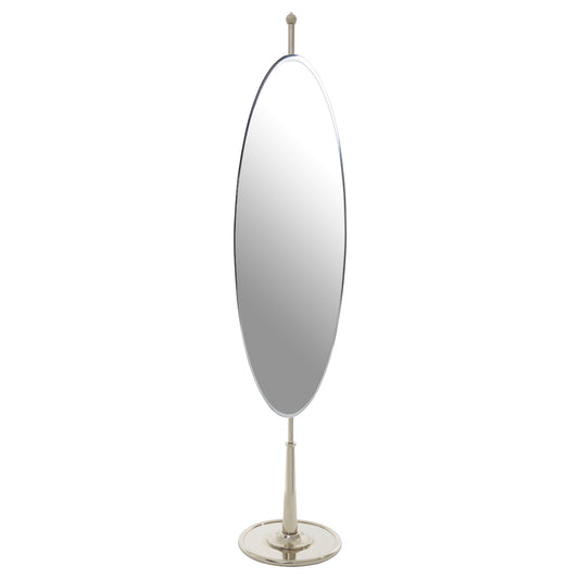 Full-length, oval-shaped standing silver mirror, mounted on a sleek metallic stand with a circular base.