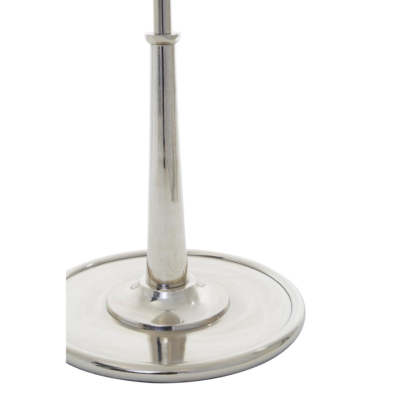 Polished, round, silver-toned mirror standing base with a slender, tapered column.