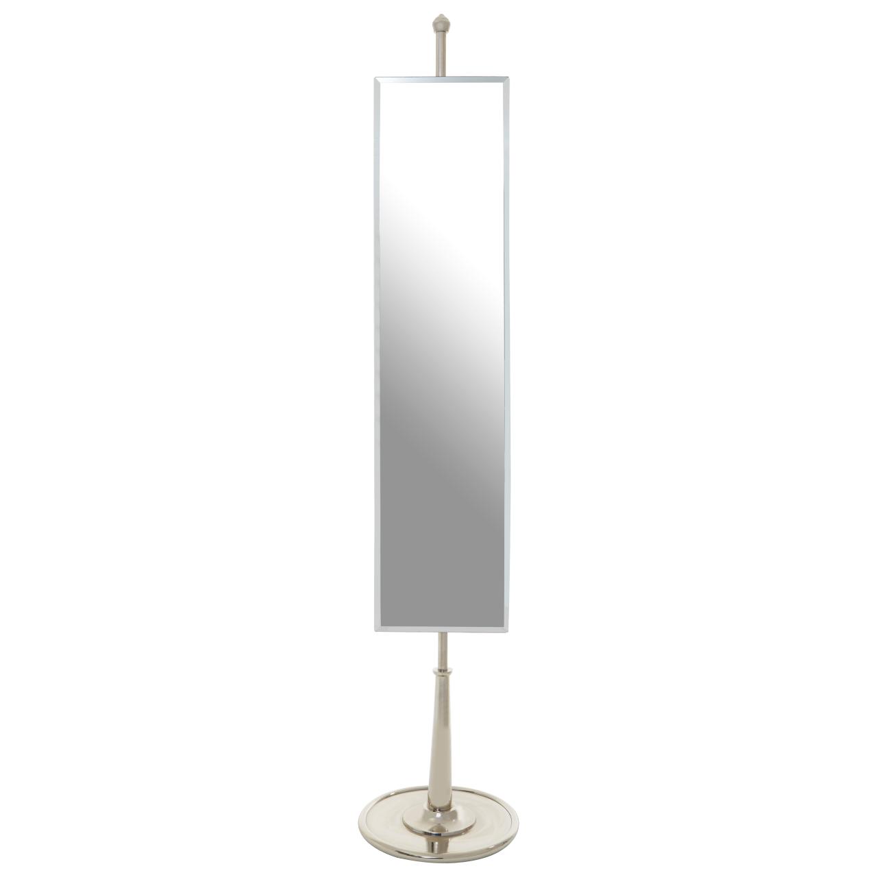 Full-length, vertical, self-standing mirror with a brushed nickel stand.