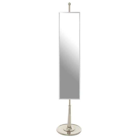 Full-length, vertical, self-standing mirror with a brushed nickel stand.