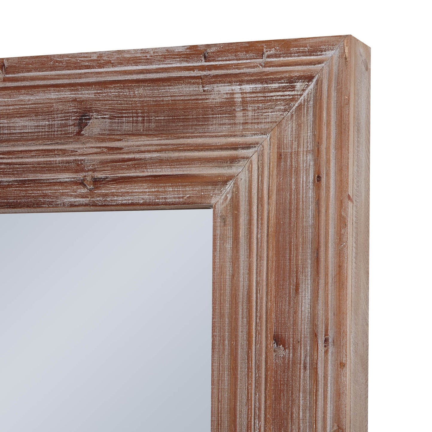 Full body size mirror with a light brown, washed effect, wood-paneled frame. Corner of the frame in detail.