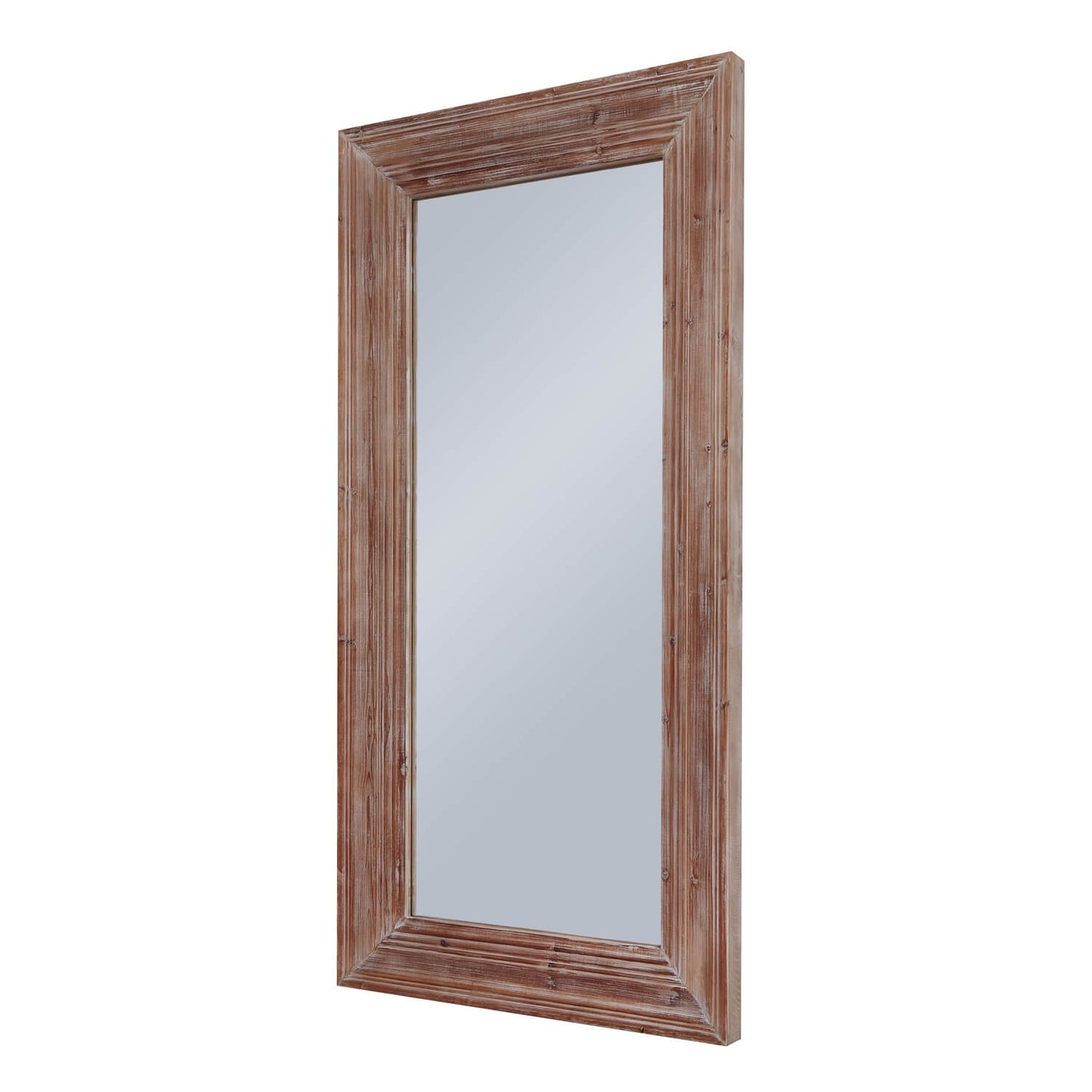 Oversized mirror with 200cm. Brown washed finish with wood frame. Side view.