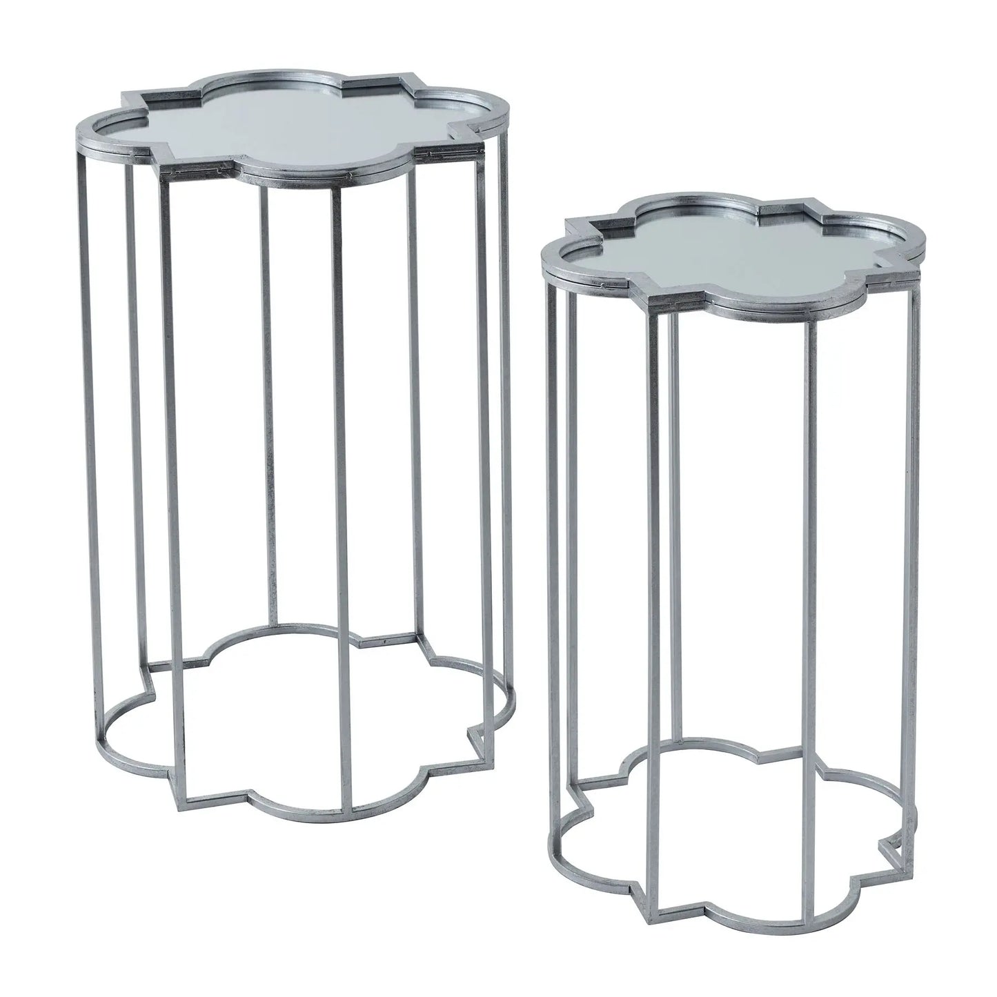 Two small, decorative, silver-toned metal end tables with mirrored tops.