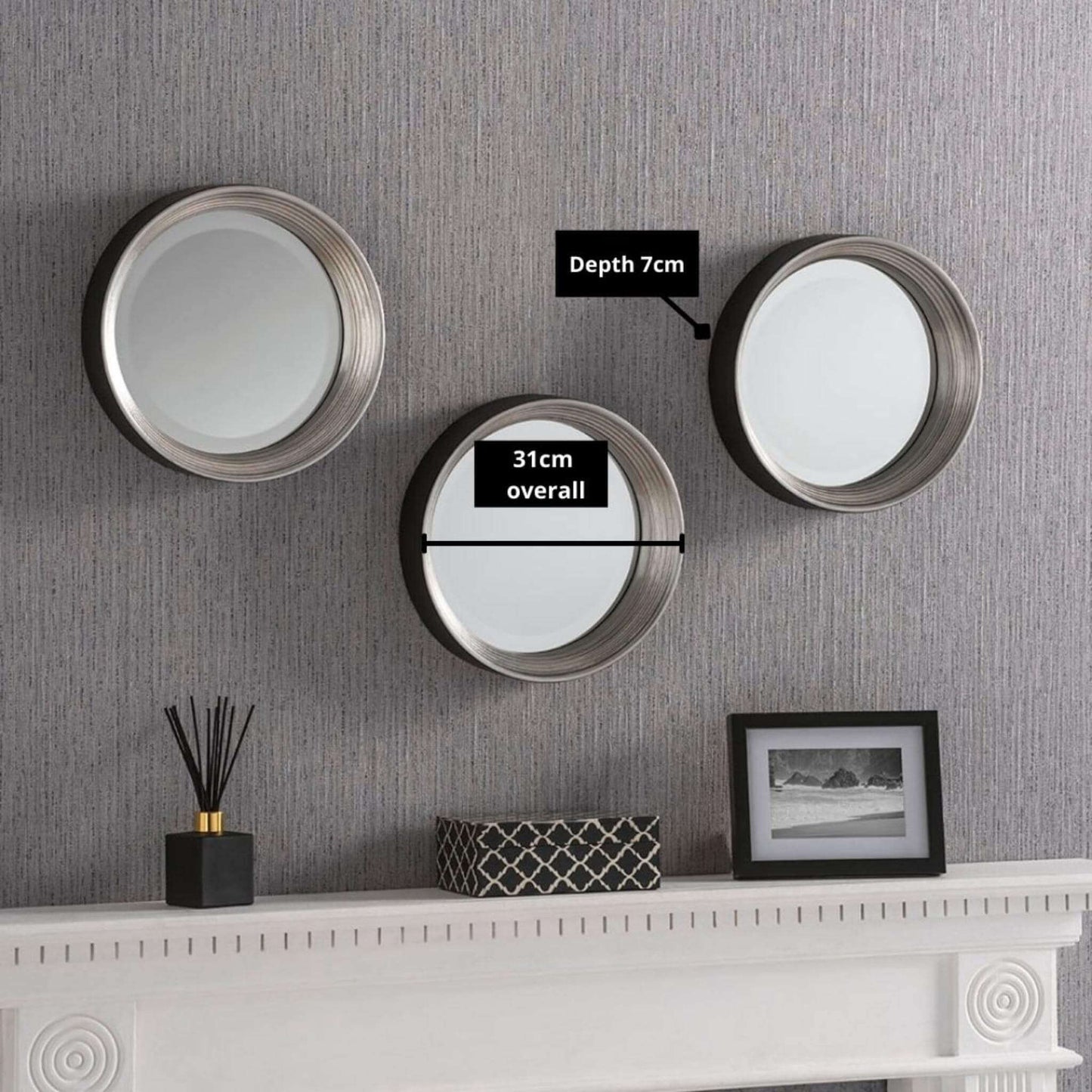 Round Black Silver Industrial Style Wall Mirror set of 3 Measurements