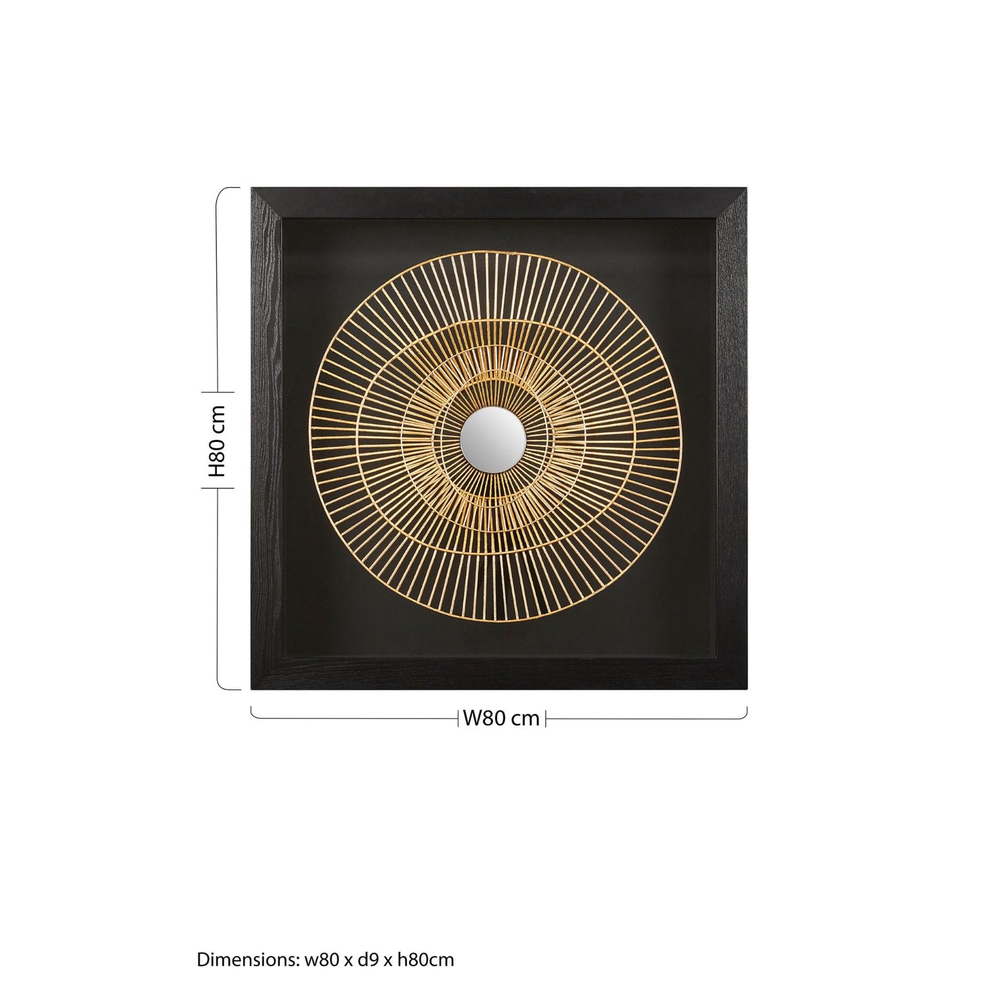 Square Black and Gold Sunburst Metal Mirrored Wall Art Measurement