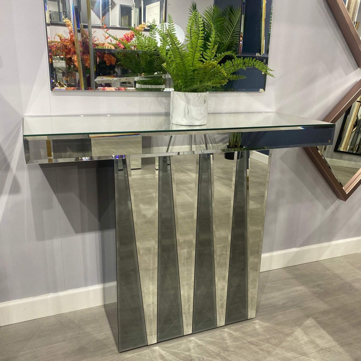 Two Tone Mirror Console Table Geometric Detail