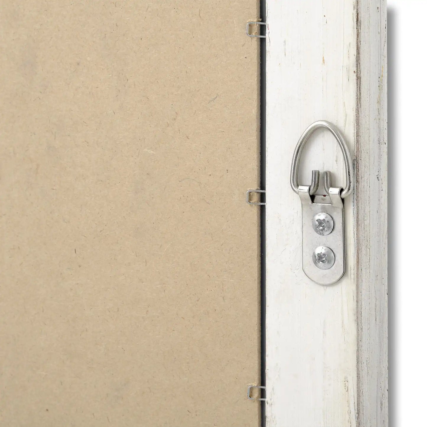 Whitewashed picture frame with a metal hanging loop and mounting hardware.