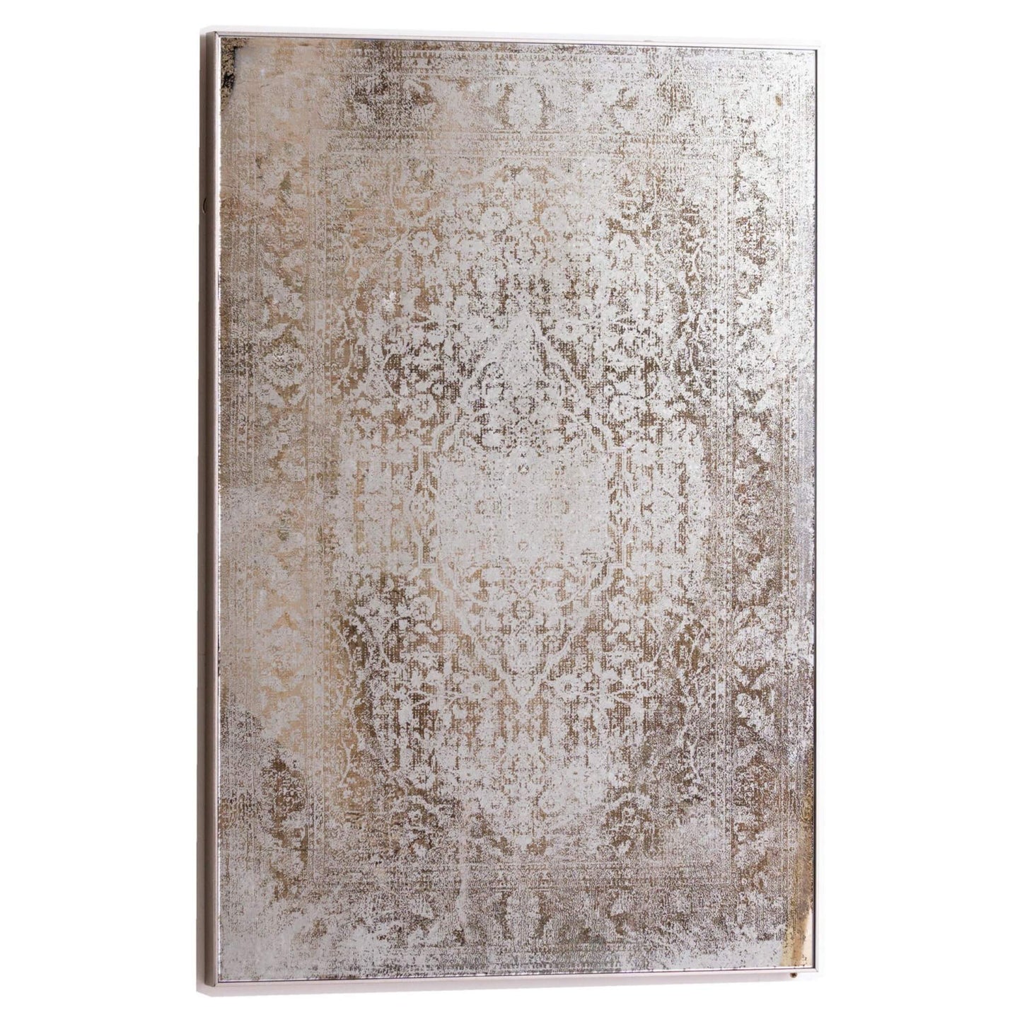 Vintage-style, framed artwork depicting a distressed, ornate rug pattern in muted gray and beige tones.