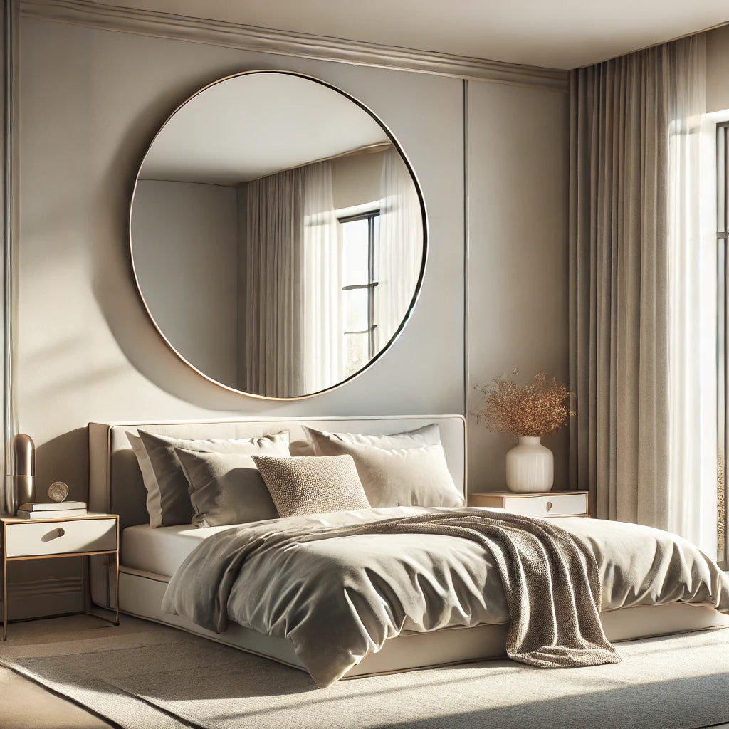 A beautifully styled bedroom with a large statement mirror.