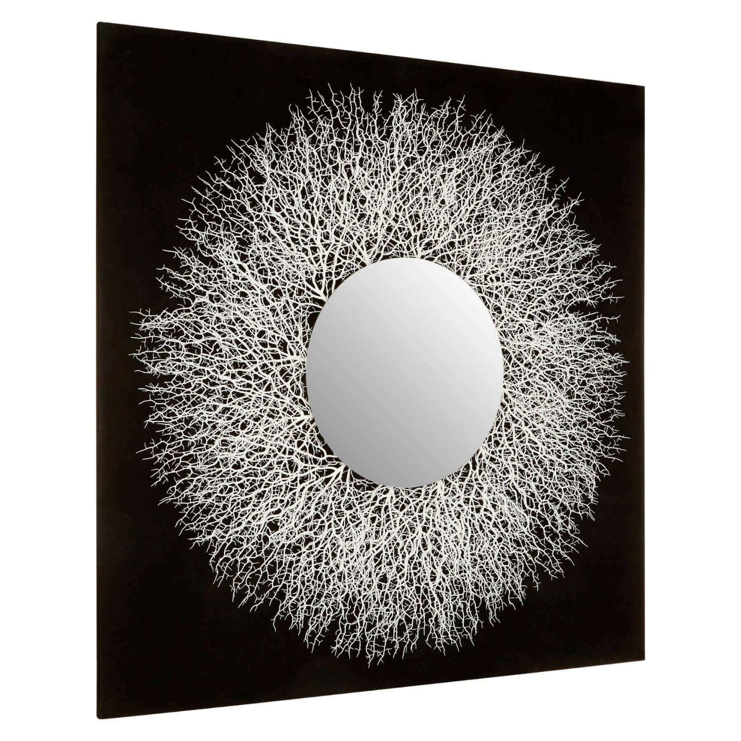 Mirrored Artwork Collection - Square black framed mirror with a white coral-like circular frame surrounding a round reflective surface.