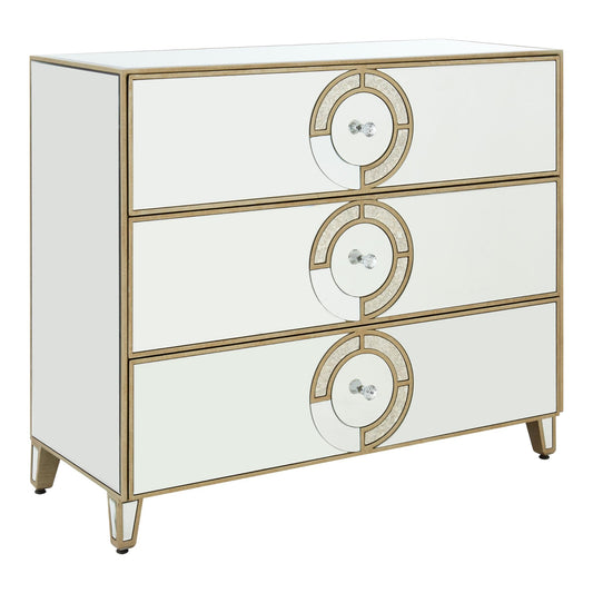 Three-drawer mirrored chest of drawers with gold-tone detailing and circular accents.