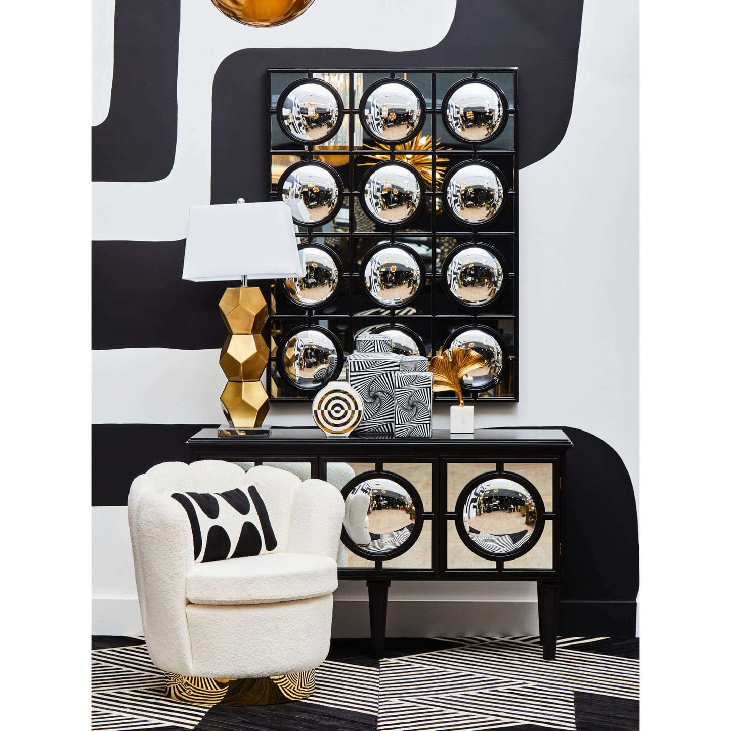 Convex Mirror Black Classic Lattice Overlay Sideboard Lifestyle Image