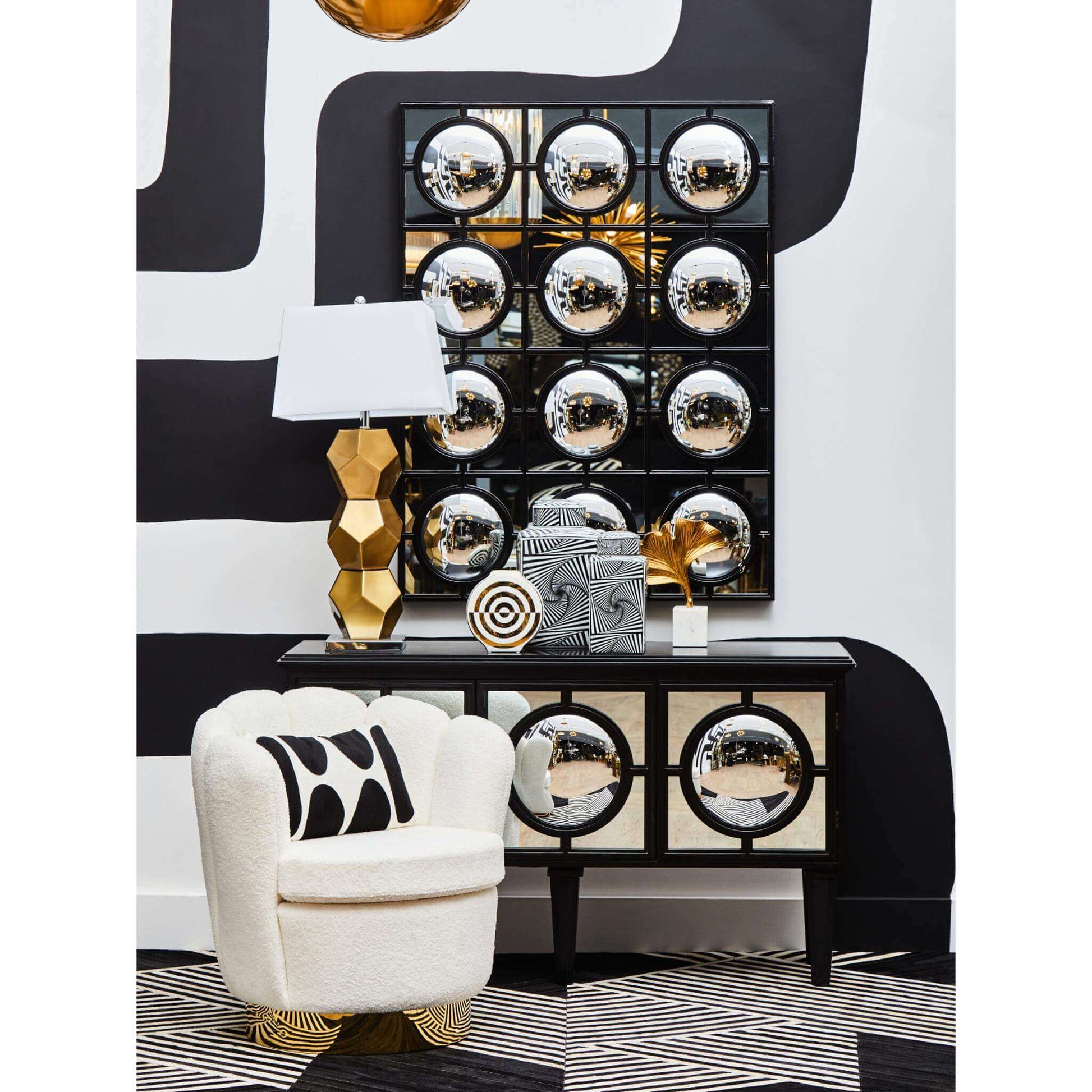 Convex Mirror Black Classic Lattice Overlay Sideboard Lifestyle Image