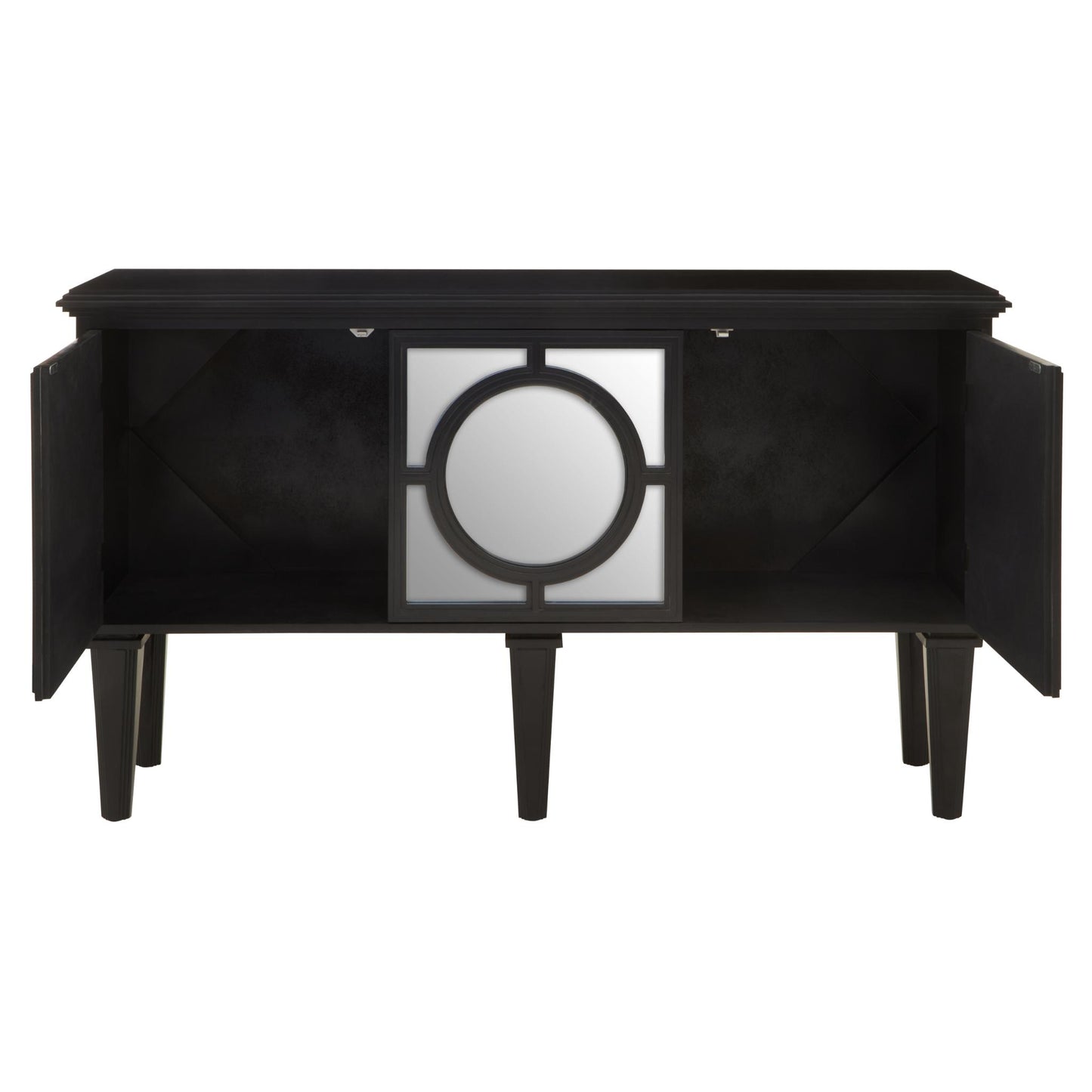 Convex_Mirror_Black_Classic_Lattice_Overlay_Sideboard_Open_Doors_View