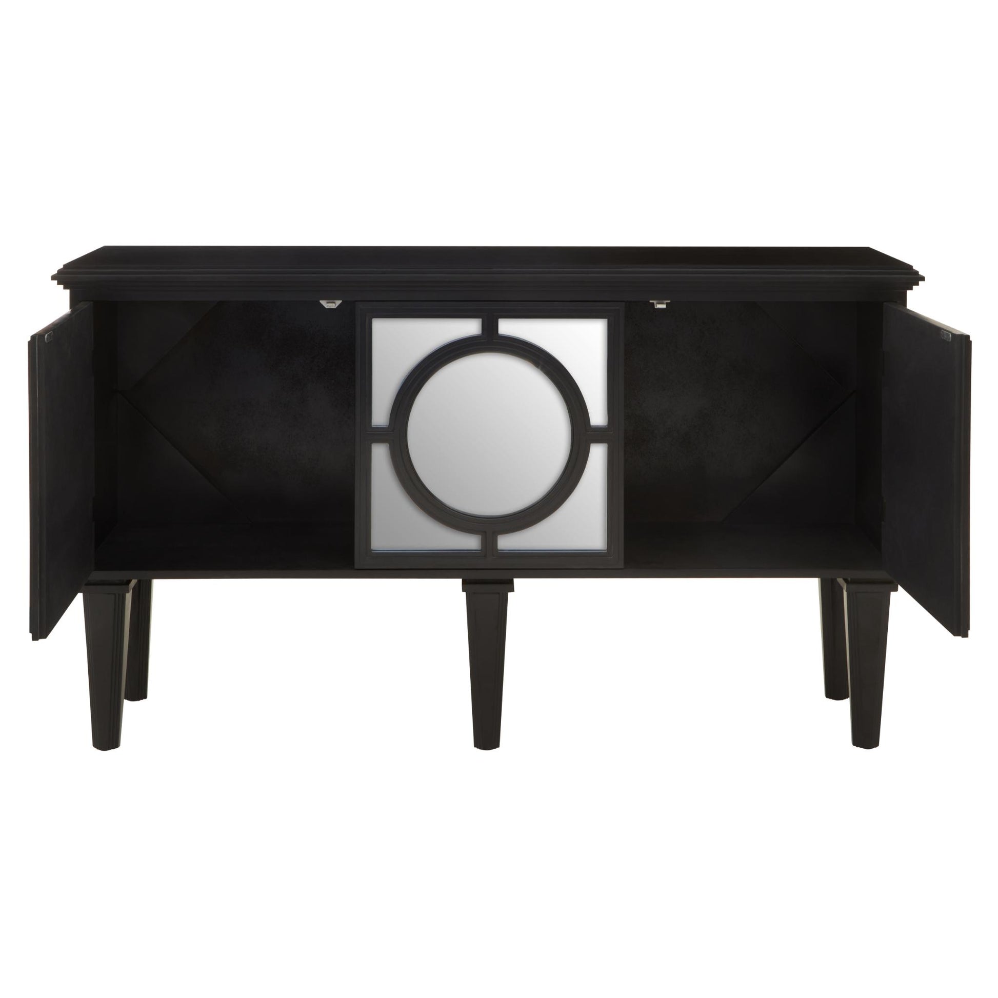 Convex_Mirror_Black_Classic_Lattice_Overlay_Sideboard_Open_Doors_View