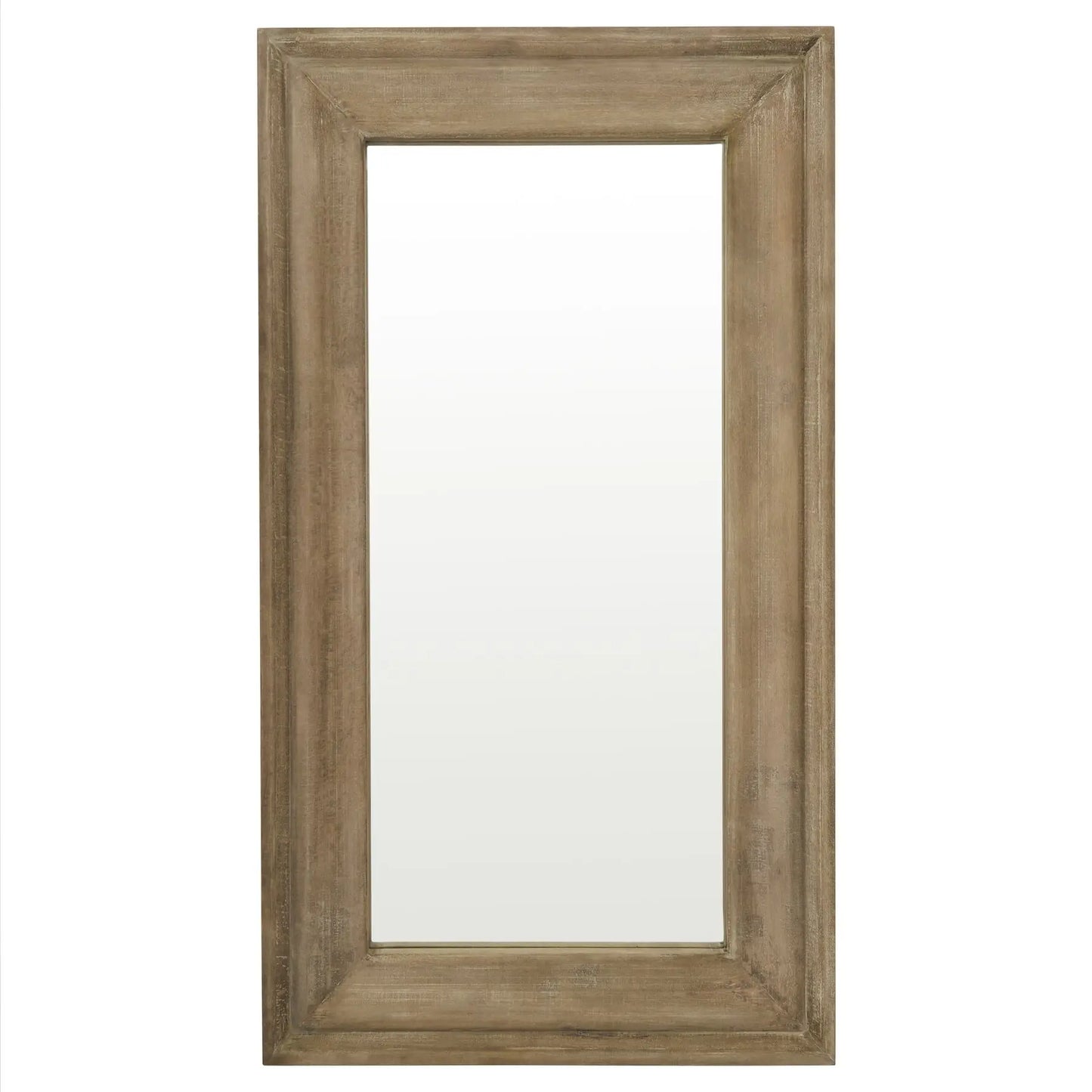 A full length wall mirror hand crafted from hardwood on a white backgound.