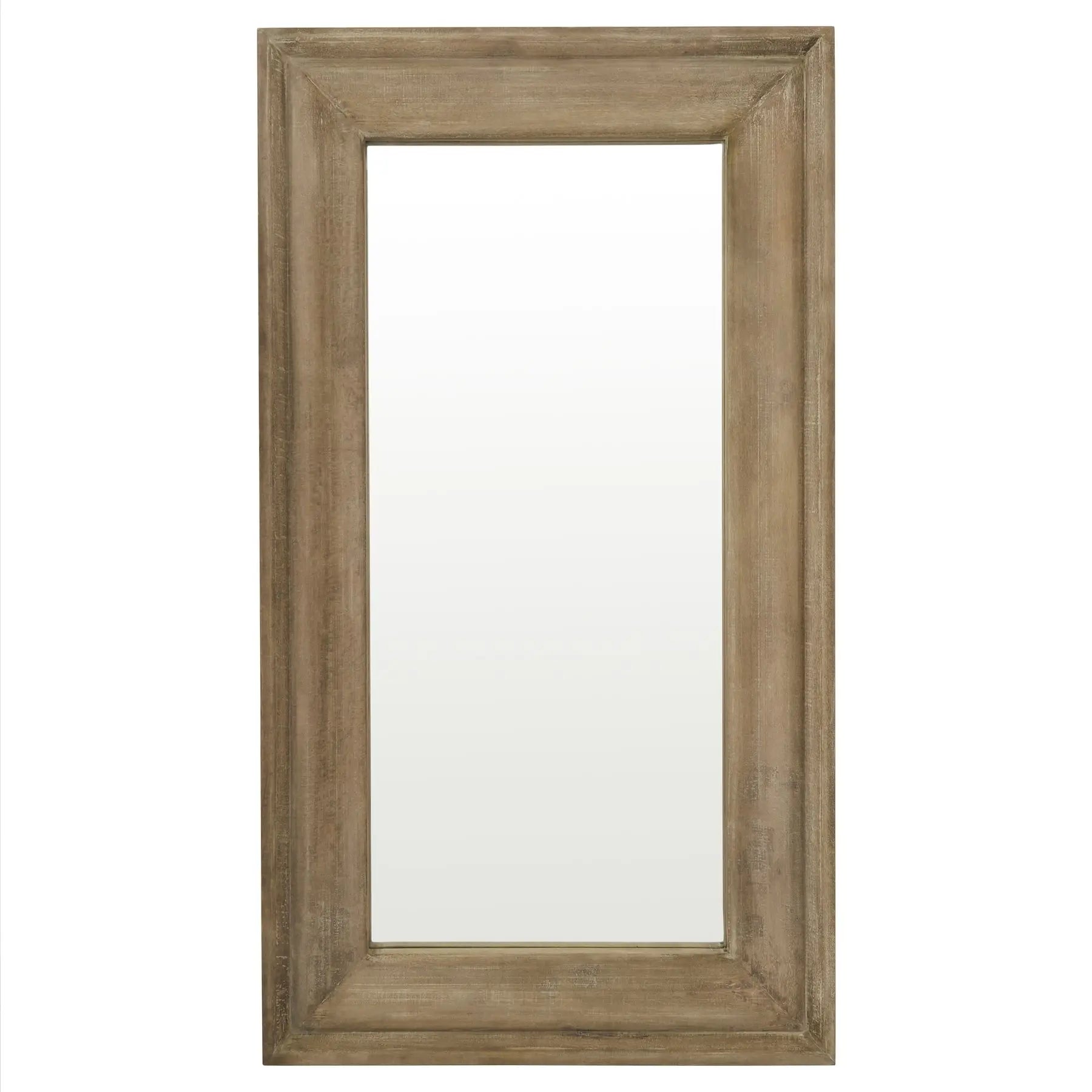 A full length wall mirror hand crafted from hardwood on a white backgound.