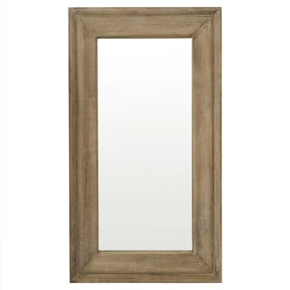 A full length wall mirror hand crafted from hardwood on a white backgound.
