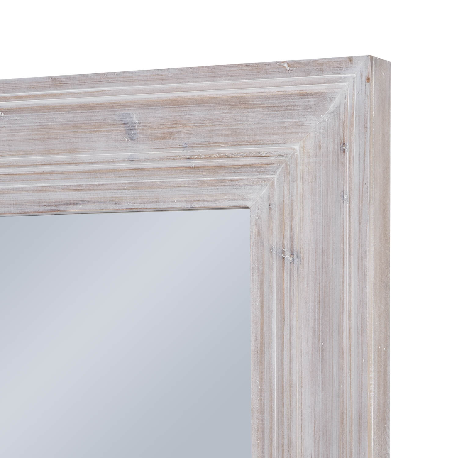 Wooden framed mirror with a white wash finish. Frame corner detail.