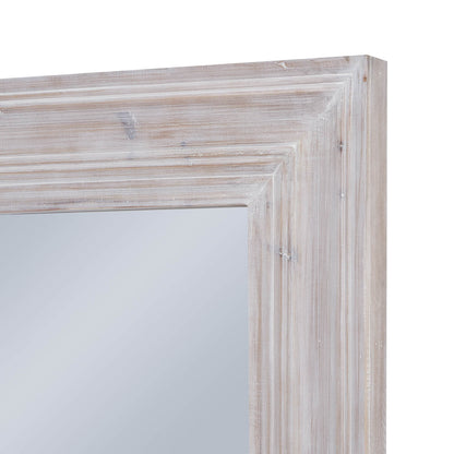 Wooden framed mirror with a white wash finish. Frame corner detail.