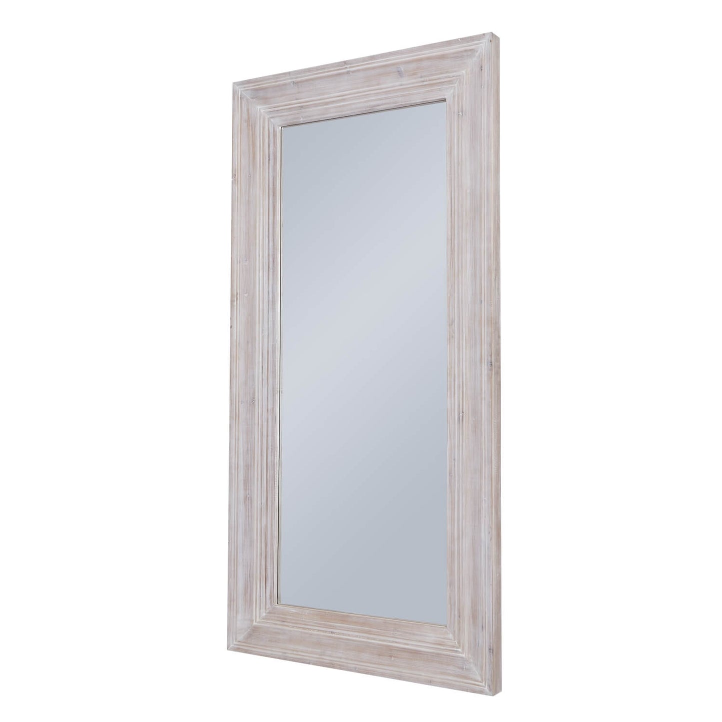 Full-length, whitewashed framed mirror with reflective surface.