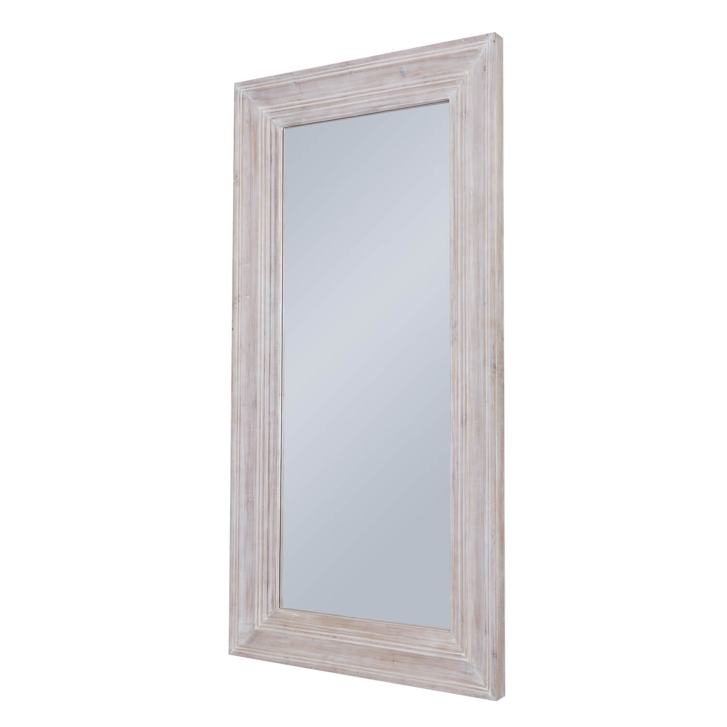 Full-length, whitewashed framed mirror with reflective surface.