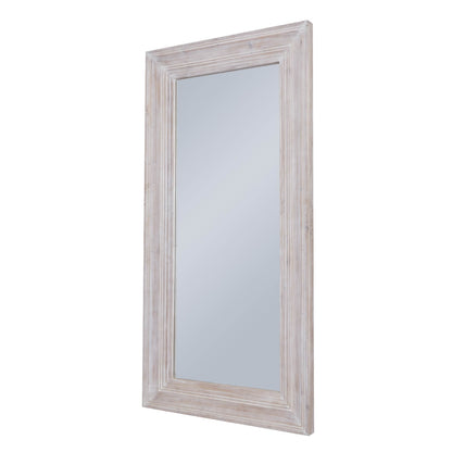 Full-length, whitewashed framed mirror with reflective surface.