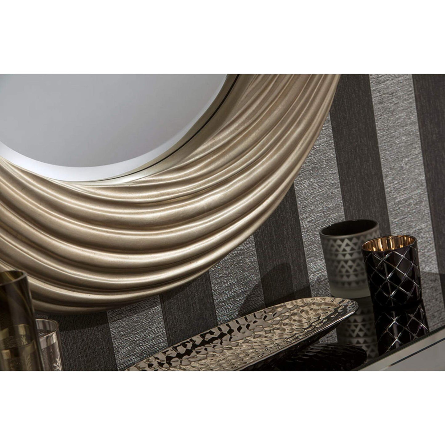 Large Round Silver Swirl Mirror rope twist carved detail