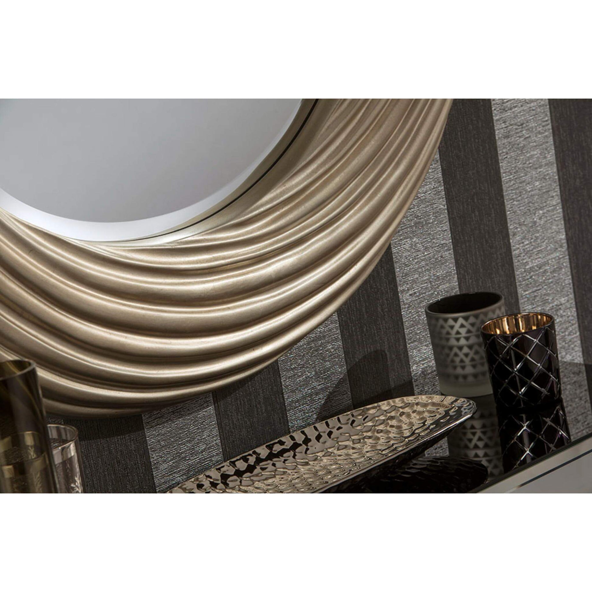 Large Round Silver Swirl Mirror rope twist carved detail