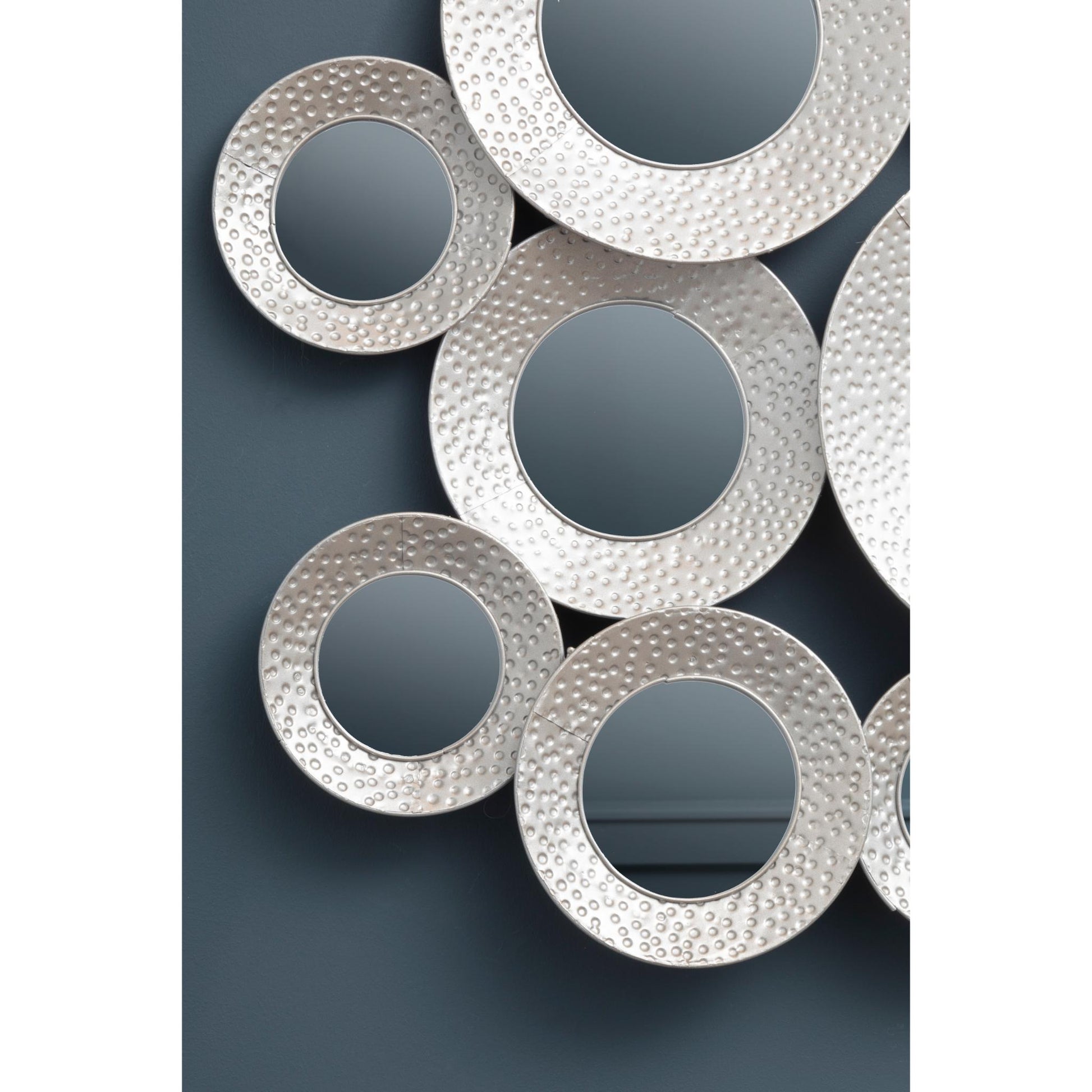 Large Silver Hammered Cluster of Round Wall Mirrors Lifestyle Close Up